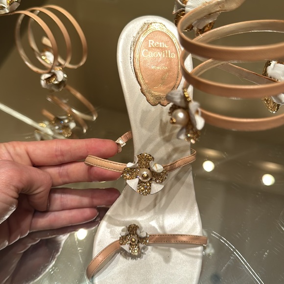 Rene Caovilla Karung Rose Gold Flower Ankle Wrap Heels - Picture 8 of 11